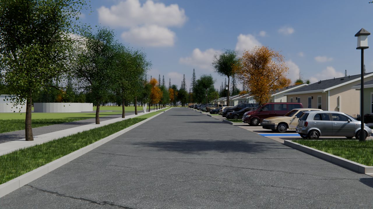 Concept render of a village street with parked cars, grass strips and street lamps.