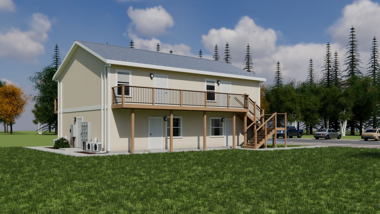 Concept render of a two-story building with a walkway along the second floor, a stair at one end and doors on both floors.