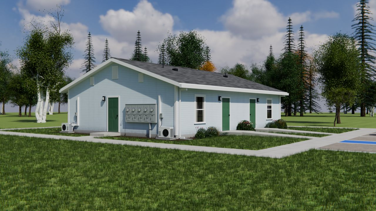 Concept render of a one-story building with green doors and white windows, a bank of five electric meters beside the door on the end wall, an outdoor heat pump unit at each corner of that wall, and a walk along the front.