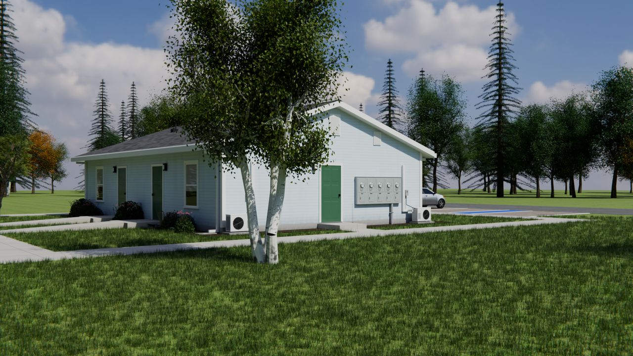 Concept render of the other long side of the building, with two more entries, and the owner door, meters and two outdoor heat pump units on the end wall.