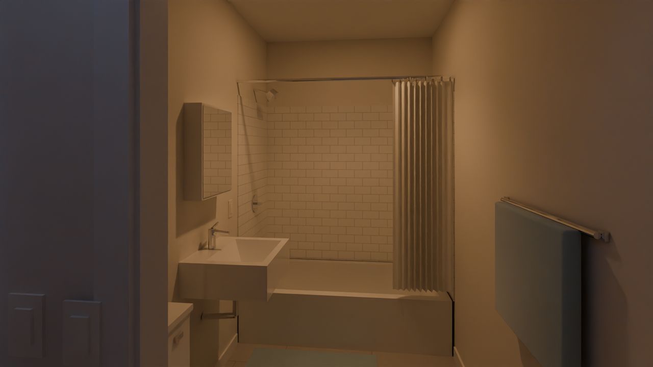 Concept render of a small bathroom with a tub and tiled walls, a wall-hung sink and a mirror cabinet.