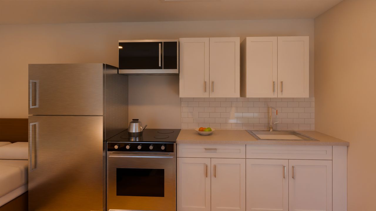 Concept render of a small kitchen with white cabinets, a stainless refrigerator and range, and a tiled backsplash.