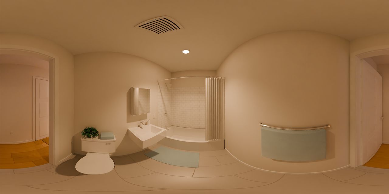 A tub with a tiled surround and a shower curtain. A wall-hung sink sits under a mirror cabinet beside the toilet.