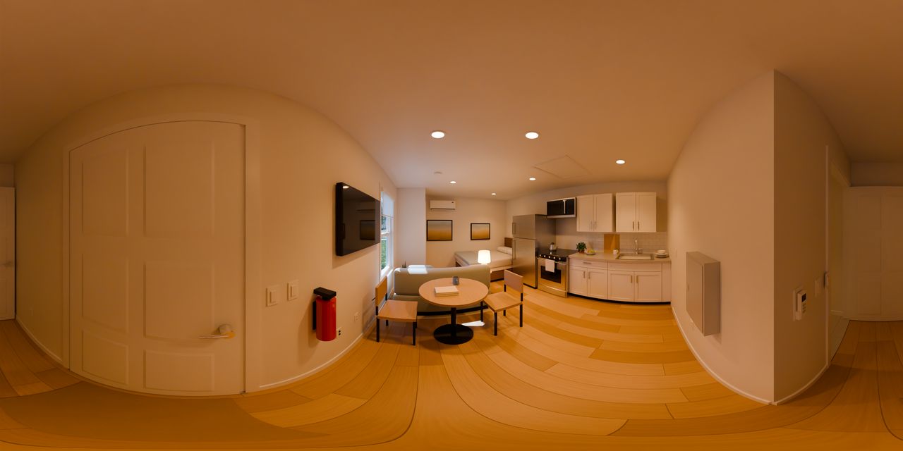 A loveseat and a round table for two sit in the middle of the room, with the TV on the front wall and the kitchen along the back wall. The bed is in the far corner, and the indoor unit of the heat pump hangs high on the end wall.